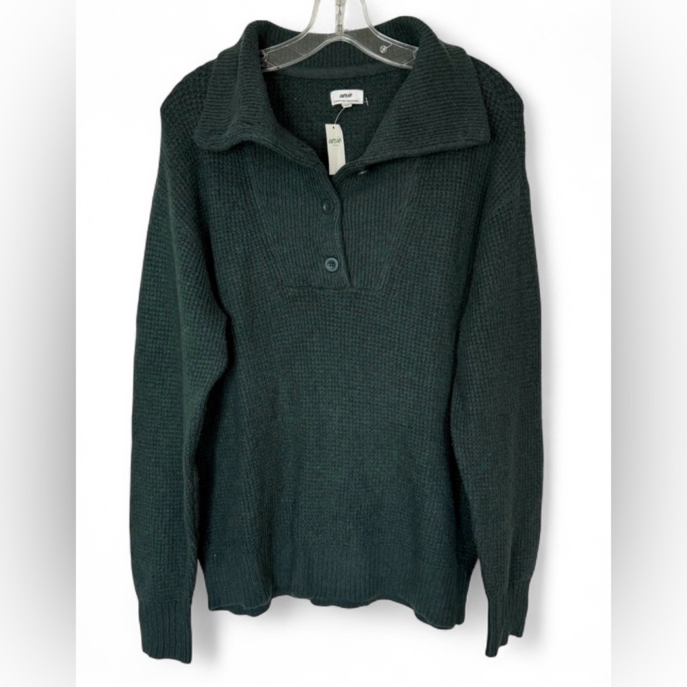 NWT Aerie CozyUp Waffle Button Sweater XS Green Collared Pullover Oversized